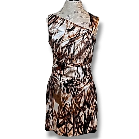 Maggy London Dresses & Skirts - Maggie London Brown Tan Cream Faux Wrap Pleated Formal Party Dress - Size 12